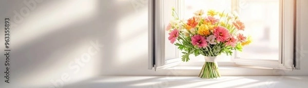 Obraz Colorful bouquet of fresh flowers placed on a windowsill, brightening up the room with natural light and warmth.