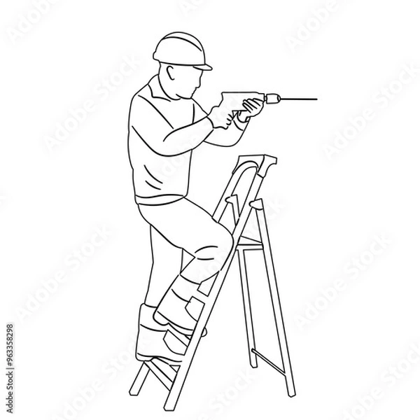 Obraz builder with drill sketch, vector on white background