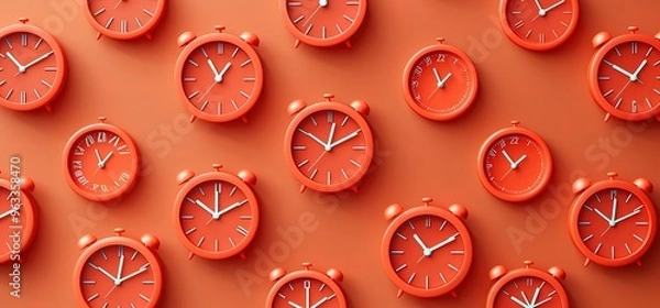 Fototapeta Many red alarm clocks on a red background. The clocks all show different times. A concept of time and deadlines.