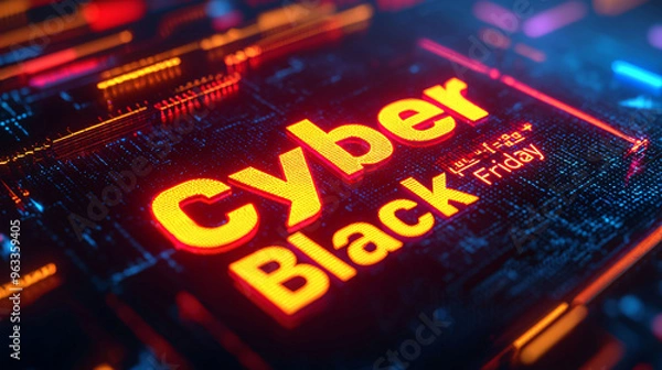 Fototapeta Cyber Black Friday sign with vibrant cyber themed design, showcasing bright colors and digital aesthetic.
