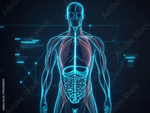 Fototapeta A digital illustration of the human anatomy showcasing internal organs and systems in a glowing, futuristic style.