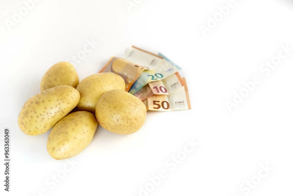 Fototapeta Set of potatoes and euro banknotes. Concept of price increase, expensive