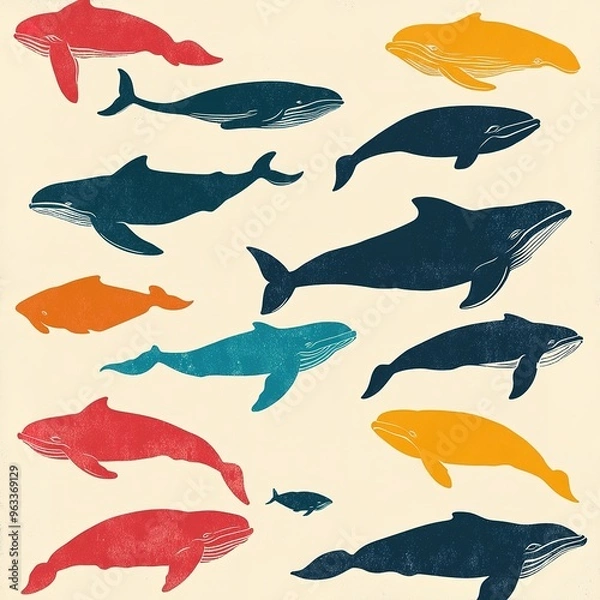 Obraz Set of Colorful Illustrated Whales in Artistic Style