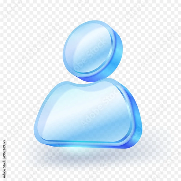 Fototapeta icon person 3d blue crystal glass material. Symbol for App, social , UI screen with reflection isolated on white background. 3D vector illustration.
