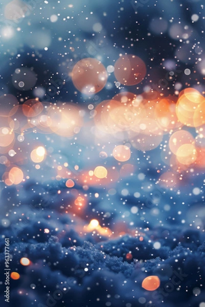 Fototapeta Snow falling on city street at twilight with twinkling lights