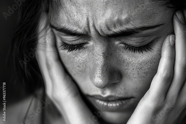 Obraz A close-up monochrome portrait of a young woman expressing deep emotional distress Her hands clutch her head, revealing intense feelings of anxiety and introspection