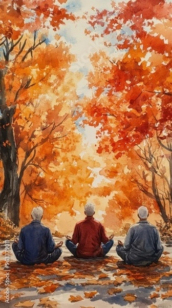 Fototapeta Serene Multicultural Meditation in Autumn Park - Watercolor Illustration of Diverse Men Relaxing Outdoors with Falling Leaves