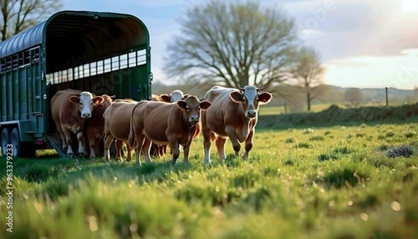 Fototapeta Cows walking out of a trailer in a field.