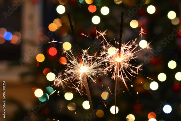 Fototapeta Two sparklers burning with christmas tree lights in background