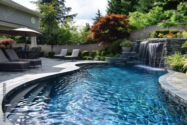 Obraz Beautiful backyard pool with blue water, stone wall, and decorative waterfall, featuring patio seating and landscaped surroundings, with a home and garden in the background.