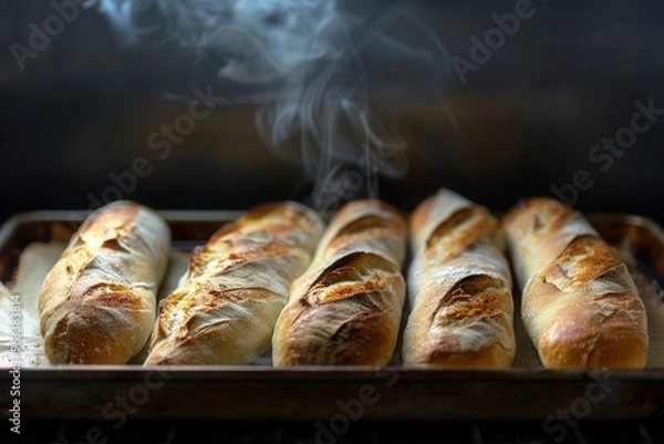 Obraz Tray of fresh, steaming French baguettes, just out of the oven..