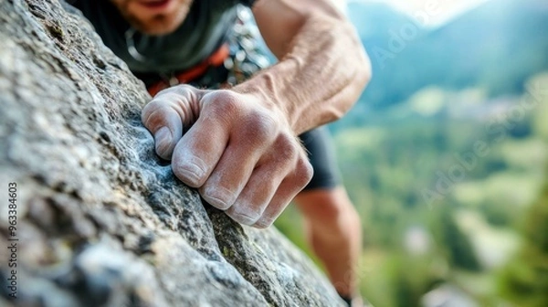 Obraz A captivating close-up shot captures the intense grip of a climber's forearm muscles as they cling to the rock, showcasing the intricate veins and the tension of their effort.