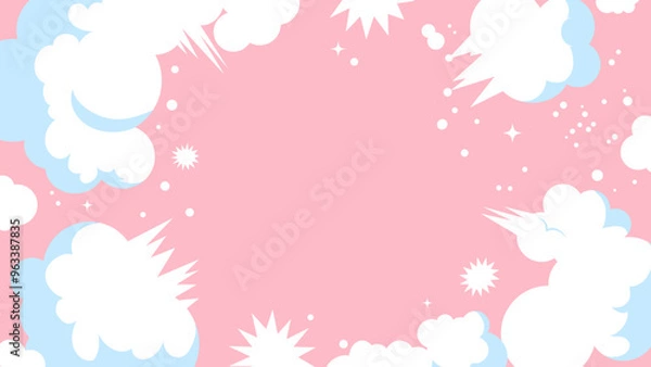 Fototapeta コミックアート風の雲またはふきだしのポップで可愛いフレーム。コピースペースのあるピンク色の背景イラスト