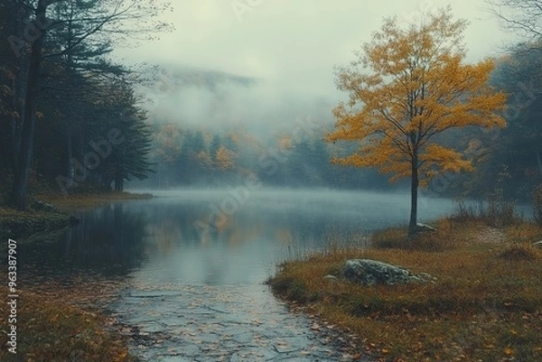 Fototapeta A peaceful misty morning landscape with soft light and muted colors evoking a sense of calm and renewal