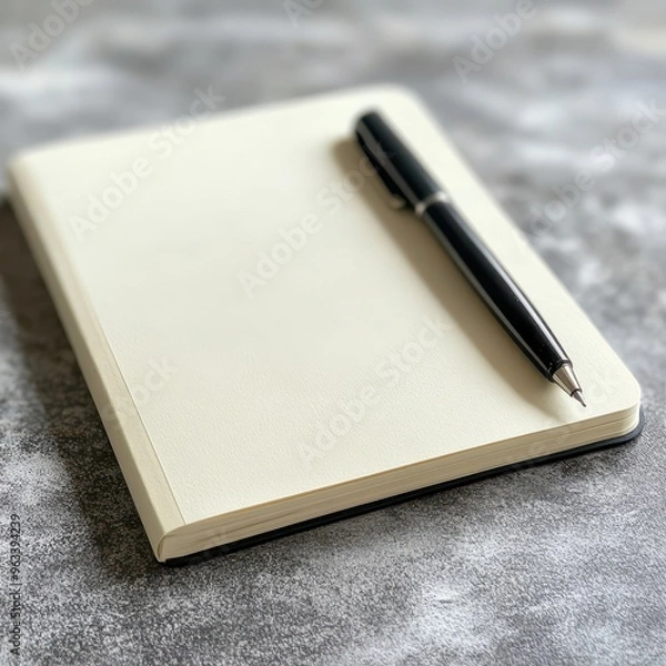 Fototapeta A closed notebook with a black pen lying on top of it, ready for writing.