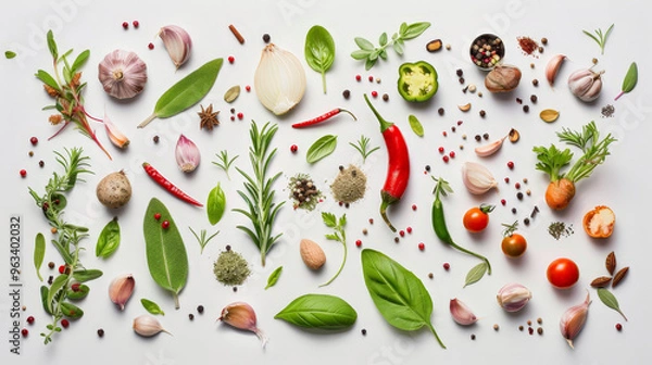 Obraz top view of herbs and spices isolated
