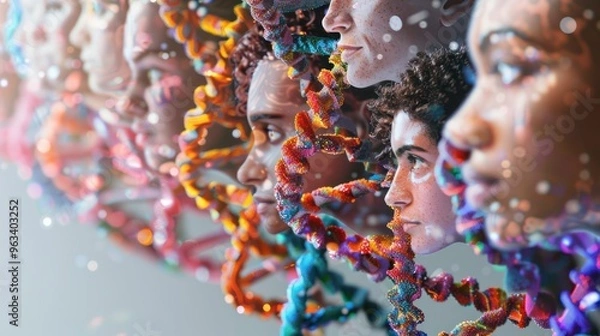 Fototapeta Embracing Diversity Diverse Faces in a DNA Double Helix. Concept Community Unity, Multiculturalism, Genetic Diversity, DNA Science 
