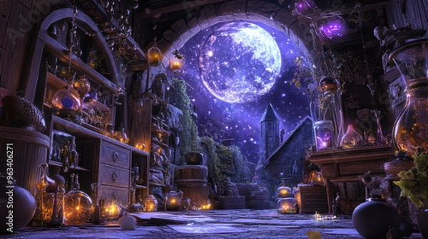 Fototapeta Enchanting magical scene with glowing potions, mystical moonlight, and an eerie castle in the background, evoking a sense of fantasy and mystery.