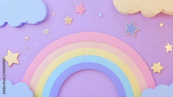 Fototapeta A whimsical rainbow with soft pastel colors surrounded by stars and clouds, perfect for children's themes and creative projects.