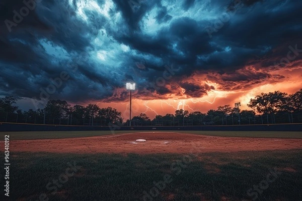 Fototapeta A dramatic baseball field under a stormy sky, with dark clouds and striking lightning, enhancing the intensity of the scene.