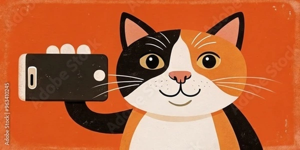 Fototapeta tabby cat happily posing for a selfie with a smartphone