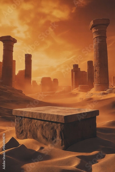 Obraz Empty stone podium surrounded by ancient stone ruins in a desert landscape at sunset with dramatic sky. Product display background with copy space 