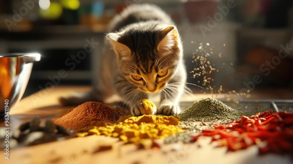 Fototapeta A curious cat explores colorful spices on a kitchen counter, bringing playful energy to a culinary scene filled with vibrant ingredients.
