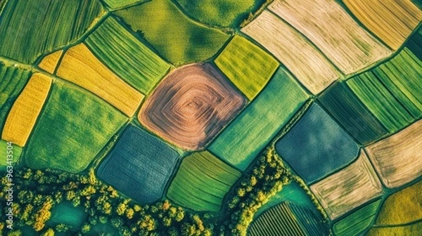 Fototapeta Aerial View of Diverse Geometrically-Shaped Farm Fields
