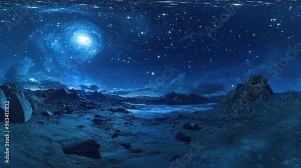 Fototapeta Map of a starry night, featuring a blue background with stars in the upper left, soft light illuminating the scene with a sense of calm