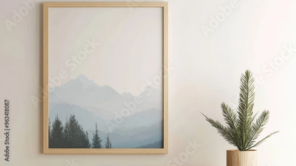 Fototapeta Minimalist mountain art print on a wall with a small plant in a wooden vase, creating a tranquil and modern interior decor.