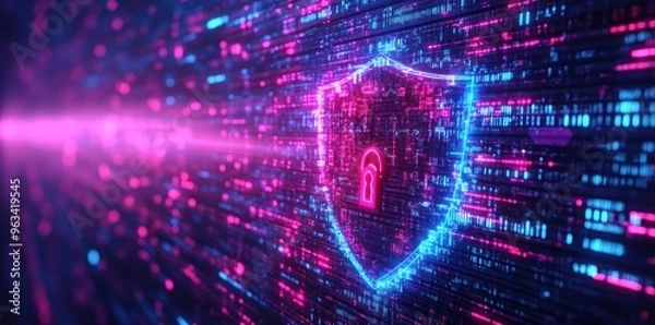 Fototapeta Neon Shield with Keyhole on Digital Data Wall