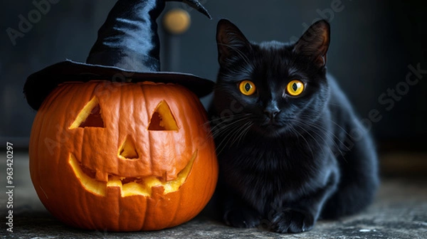 Fototapeta A black cat wearing a witch's hat, with piercing yellow eyes,  sitting next to a classic carved pumpkin with a jack-o'-lantern face. 