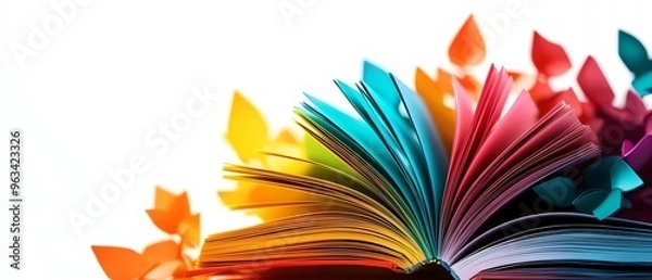 Fototapeta Create a book be opened with abstract colorful leaves from colored pages, represented knowledge and storytelling.