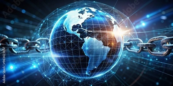 Fototapeta Global Network Security - Earth with Chain, Digital Security, Data Protection, Network Security, Cyber Security