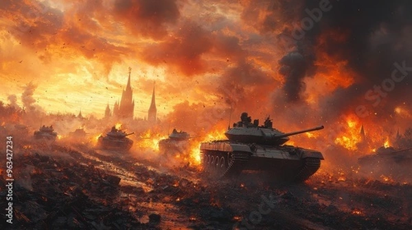 Fototapeta A tank drives through a fiery cityscape, with a blazing sky above.