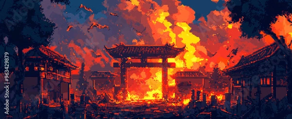 Fototapeta 8bits pixel art game scene of the background depicts an ancient Chinese city gate, with dark clouds in the sky and flames shining upon it