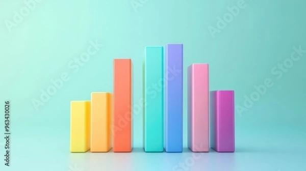 Obraz A colorful 3D bar graph with each bar labeled and highlighted, showing clear data growth over time in a clean, minimalistic style.