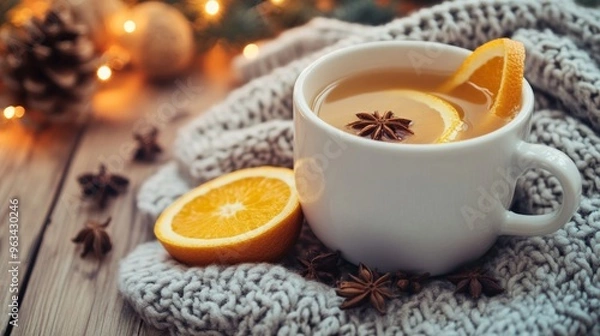 Fototapeta A mug of tea with a slice of orange and a few sprigs of cinnamon on top