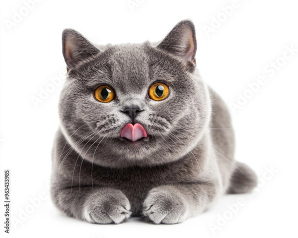 Fototapeta British shorthair cat is looking at the camera with its tongue out