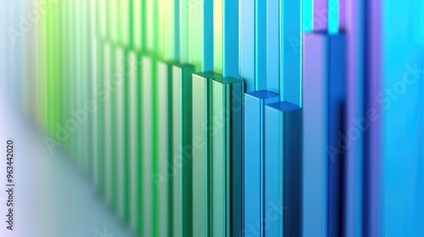 Fototapeta A sleek 3D bar graph with ascending blue and green bars, symbolizing upward trends in technology or financial sectors.