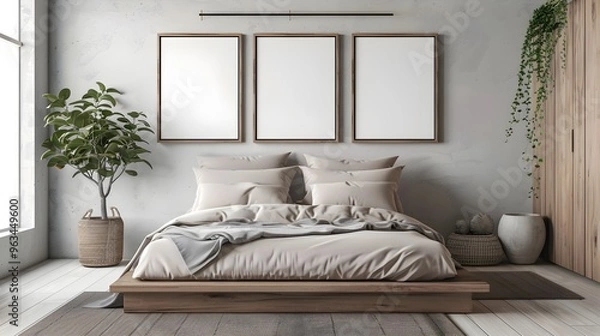 Obraz Tranquil Minimalist Bedroom with Platform Bed and Neutral Color Palette in 3D Rendering