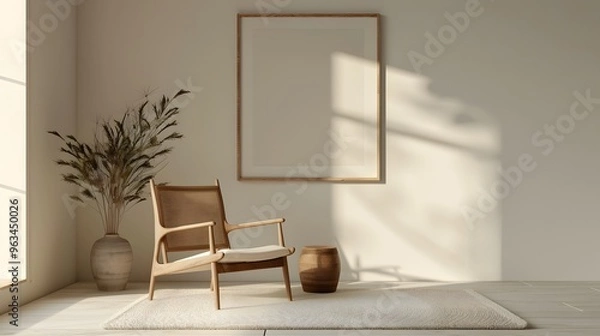 Fototapeta Wooden Frame Showcasing Minimalist Designer Chair in Studio Setting