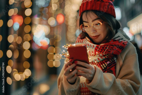 Fototapeta Holiday-themed promotion featuring a digital advertisement with festive graphics and discount offers, targeted for online shoppers.. AI generated.