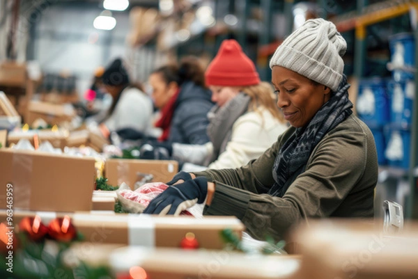 Fototapeta Group of people packing and sorting donated items at a charity warehouse, showcasing the spirit of giving back during the holiday season.. AI generated.