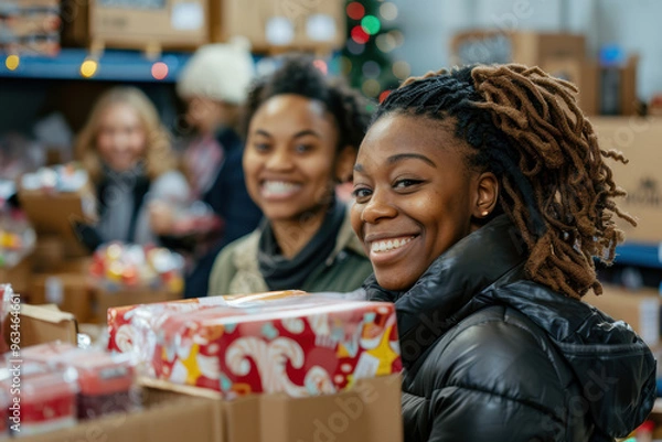 Fototapeta Smiling volunteers at a holiday charity event gifting toys to children, capturing the joy of giving and community involvement.. AI generated.