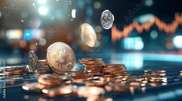 Fototapeta Falling interest rates concept with a descending graph and coins dropping
