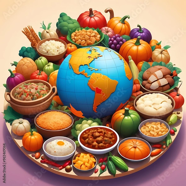 Obraz Thanksgiving Around the World: A globe surrounded by various traditional Thanksgiving foods from different cultures, showing the global influence and unity of the holiday.