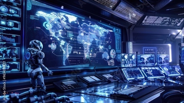 Obraz Futuristic Control Room with Robot Analyzing Data