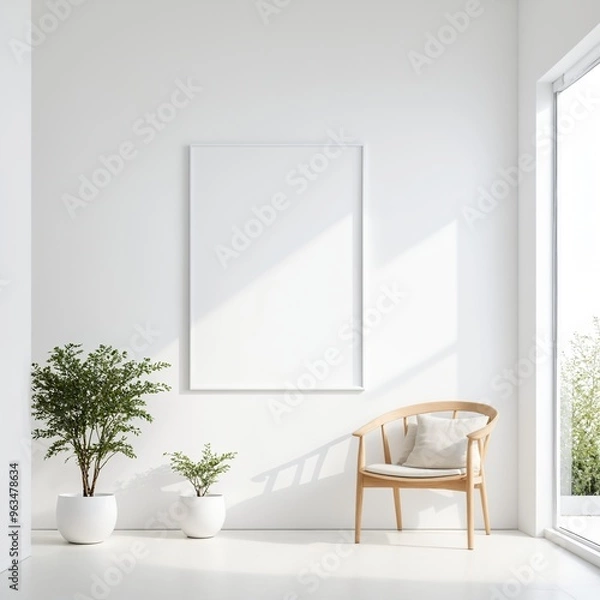 Fototapeta 3D Render of a modern living room with a chair plants and a large window.