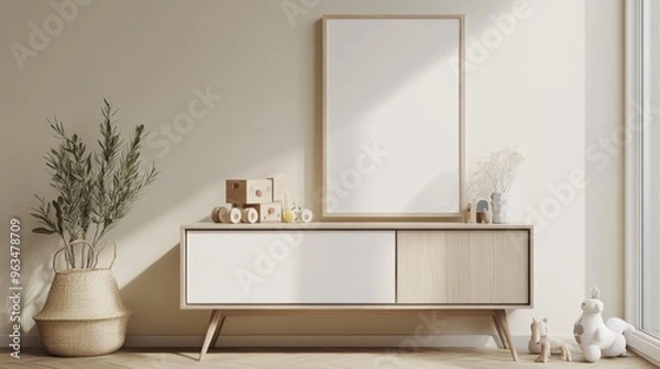 Fototapeta Minimalist Nursery Interior with Wooden Toys and a Blank Canvas